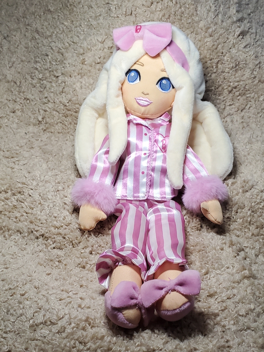 Barbie Pink & White Striped Pajama Plush Doll with Bow 13.5"